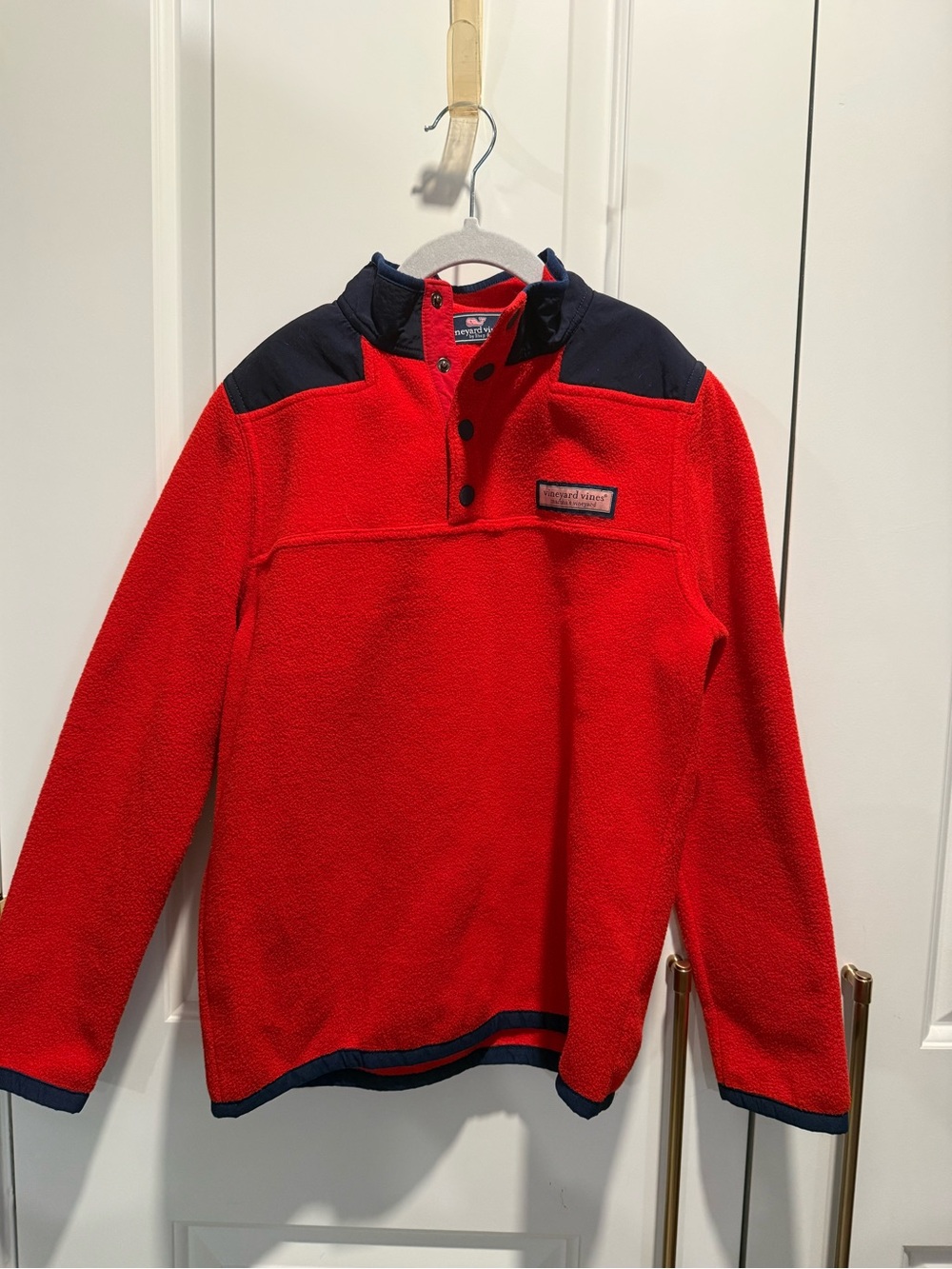 Vineyard Vines Kids Red Fleece Pullover with Navy Yoke